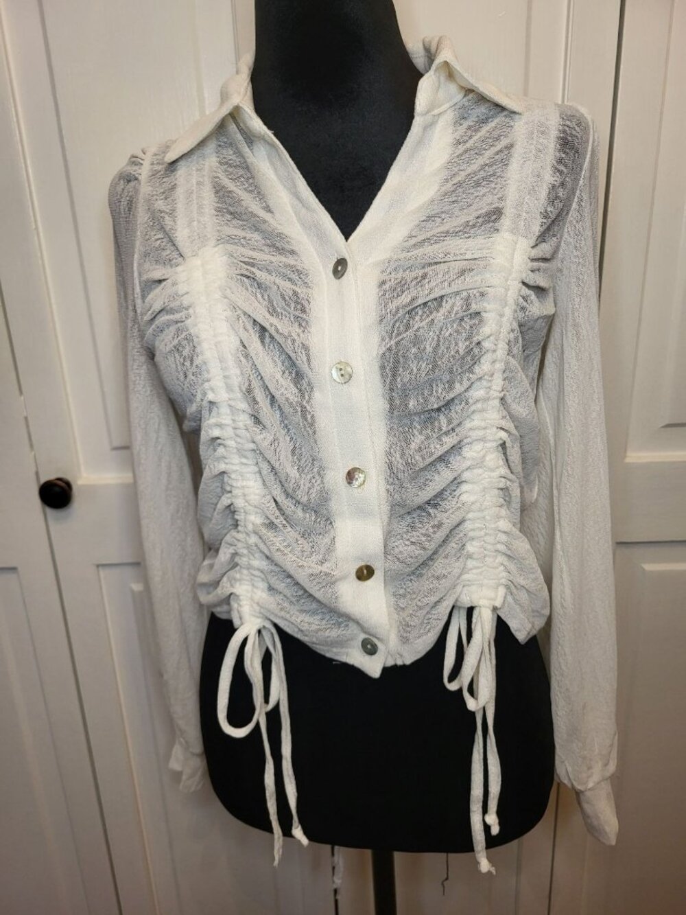 Ember White Sheer Button Up Ruching L Adjustable Fairy Coquette Coastal Beach